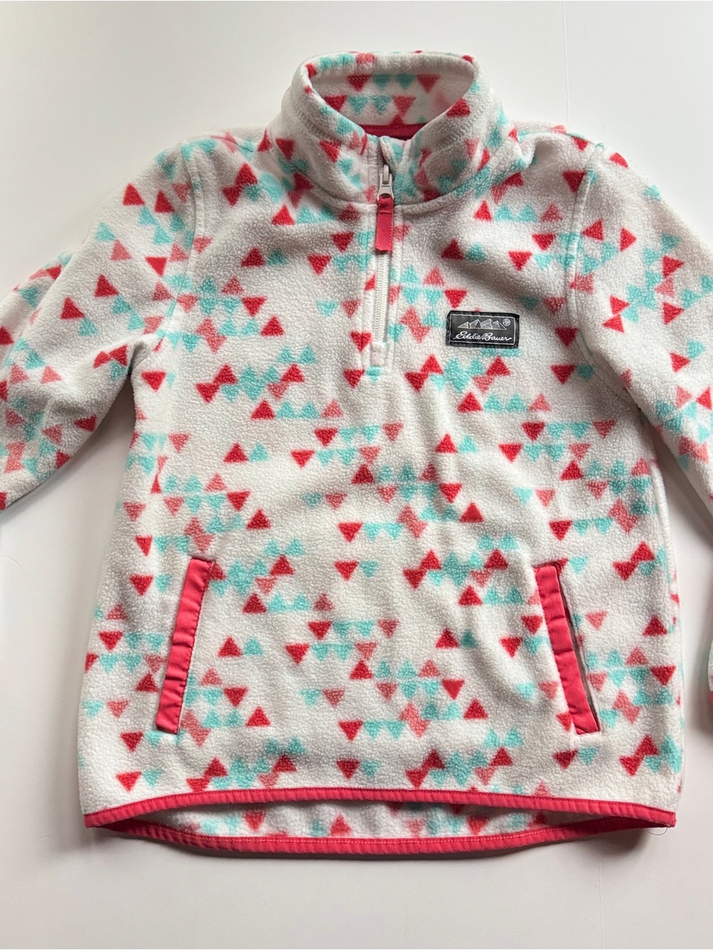 Eddie Bauer White Fleece Pullover with Pink & Aqua Triangle Print